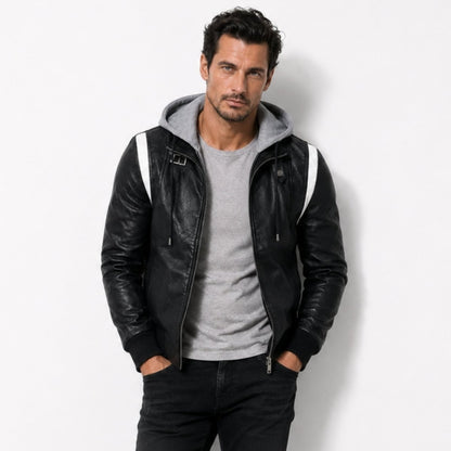 Auden | Men's Embroidered Hooded Leather Biker Jacket