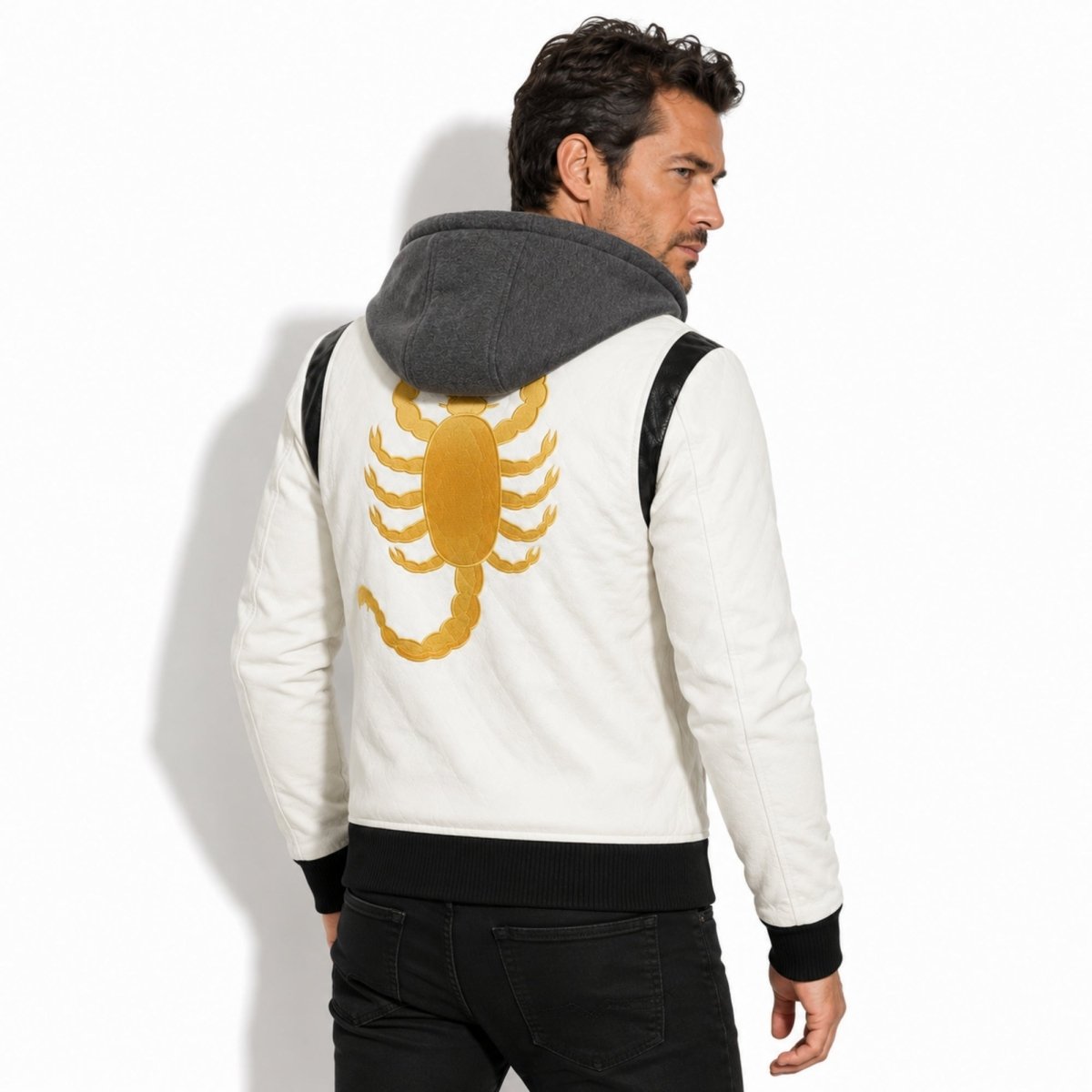 Auden | Men's Embroidered Hooded Leather Biker Jacket