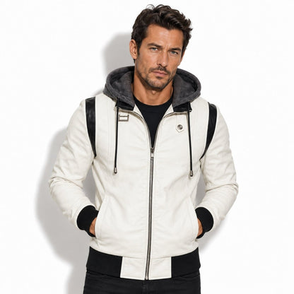 Auden | Men's Embroidered Hooded Leather Biker Jacket