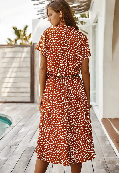 Summara | Printed Short Sleeve Adjustable Waist Casual Midi Dress