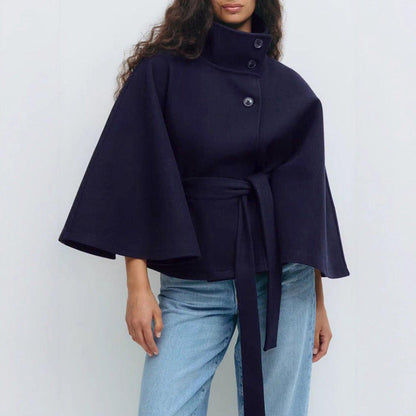 Matilda | Belted Cape Wool Blend Coat – Navy Blue