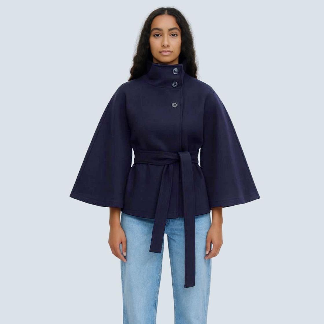 Matilda | Belted Cape Wool Blend Coat – Navy Blue