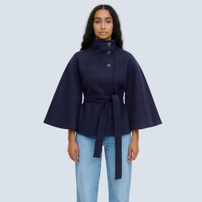 Matilda | Belted Cape Wool Blend Coat – Navy Blue