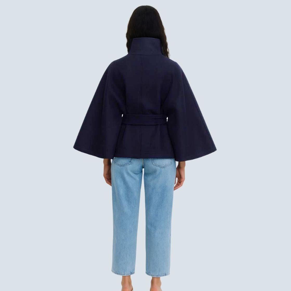 Matilda | Belted Cape Wool Blend Coat – Navy Blue