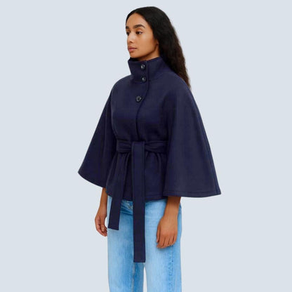 Matilda | Belted Cape Wool Blend Coat – Navy Blue