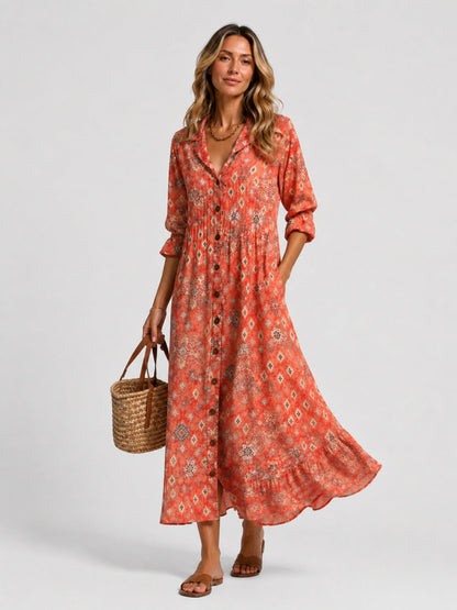 Nora | Women's Printed Long-Sleeve Shirt Midi Dress