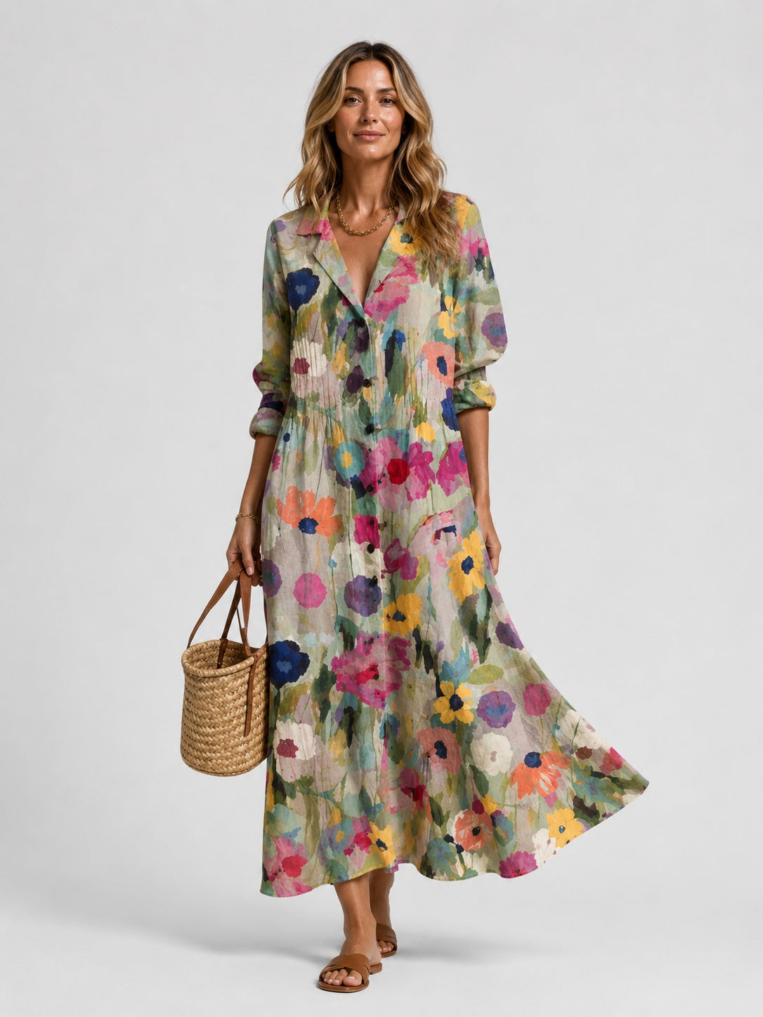 Nora | Women's Printed Long-Sleeve Shirt Midi Dress