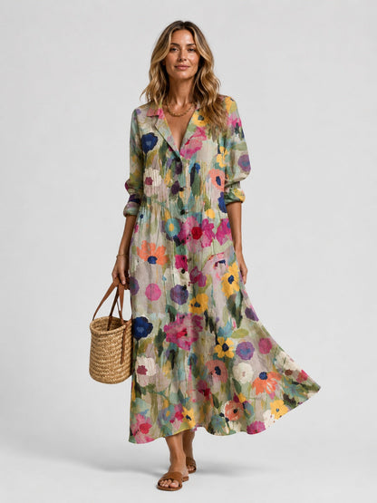 Nora | Women's Printed Long-Sleeve Shirt Midi Dress
