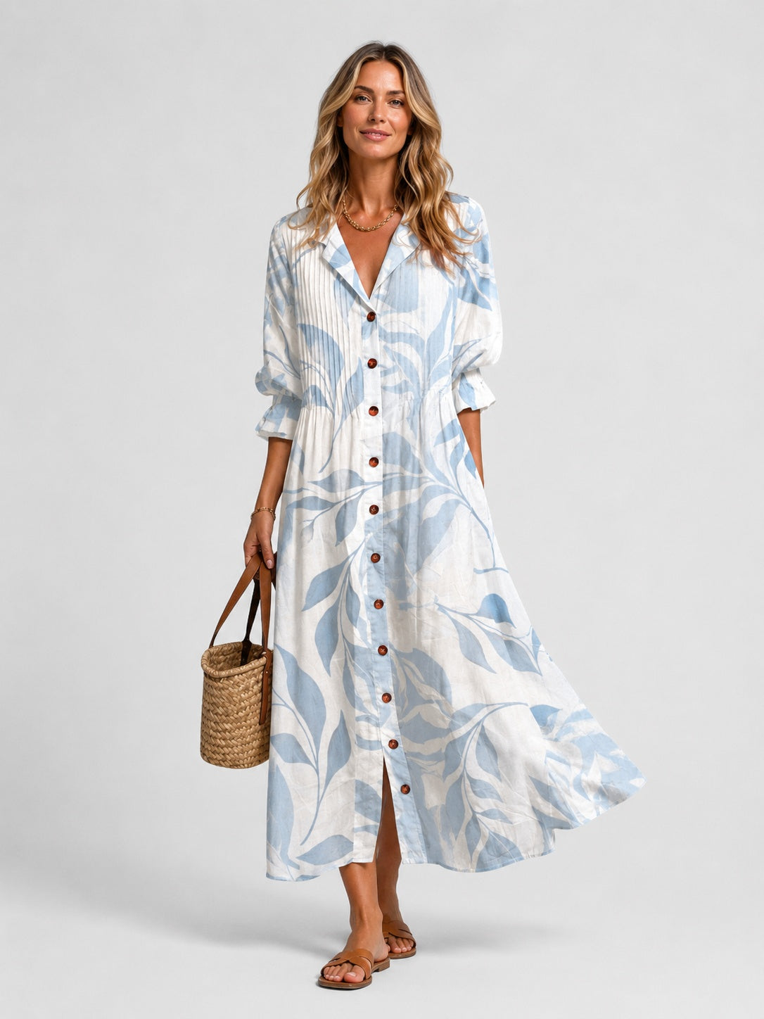 Nora | Women's Printed Long-Sleeve Shirt Midi Dress