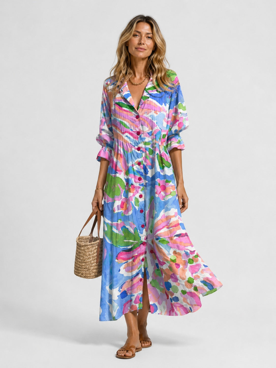 Nora | Women's Printed Long-Sleeve Shirt Midi Dress