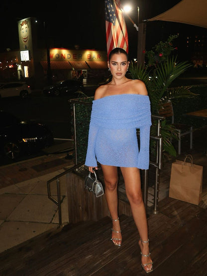 Long Sleeve Off-Shoulder Bouclé Knit Mini Dress