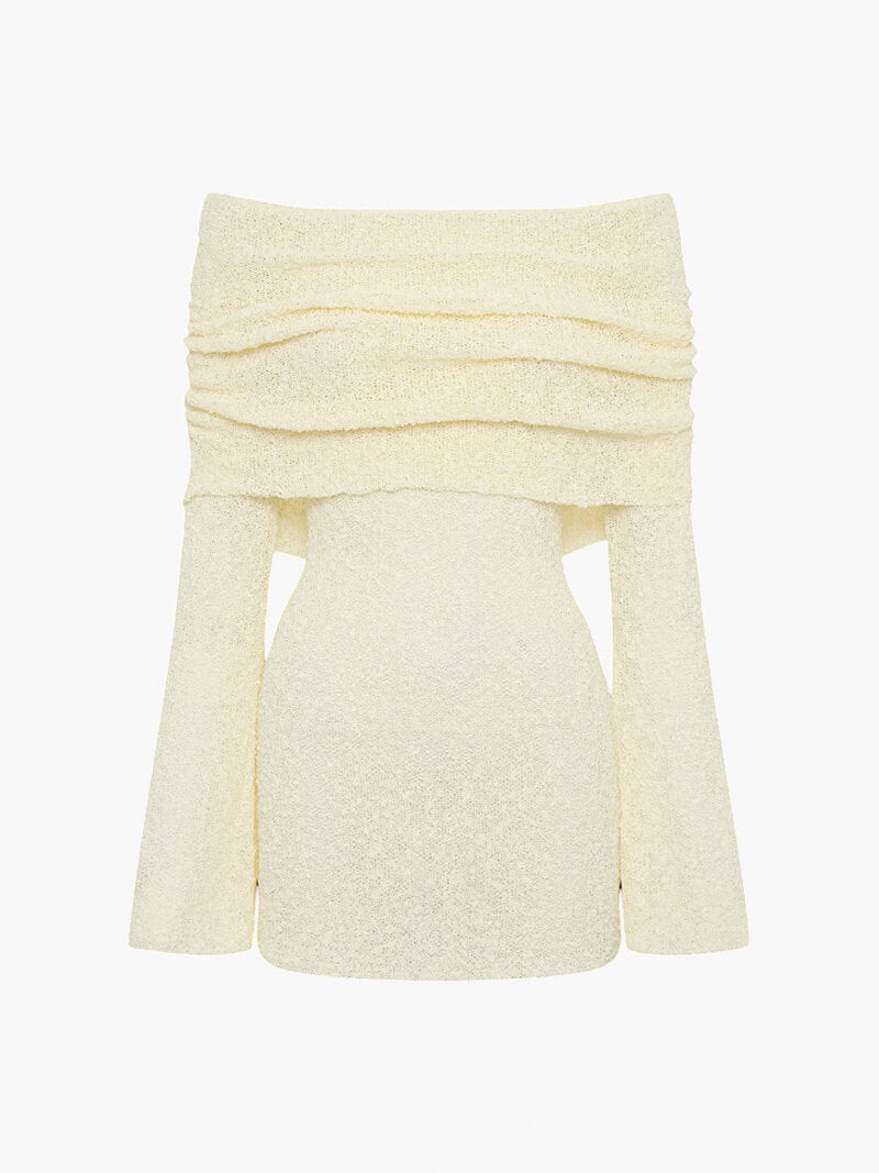 Long Sleeve Off-Shoulder Bouclé Knit Mini Dress