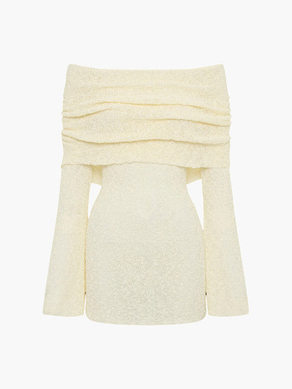 Long Sleeve Off-Shoulder Bouclé Knit Mini Dress