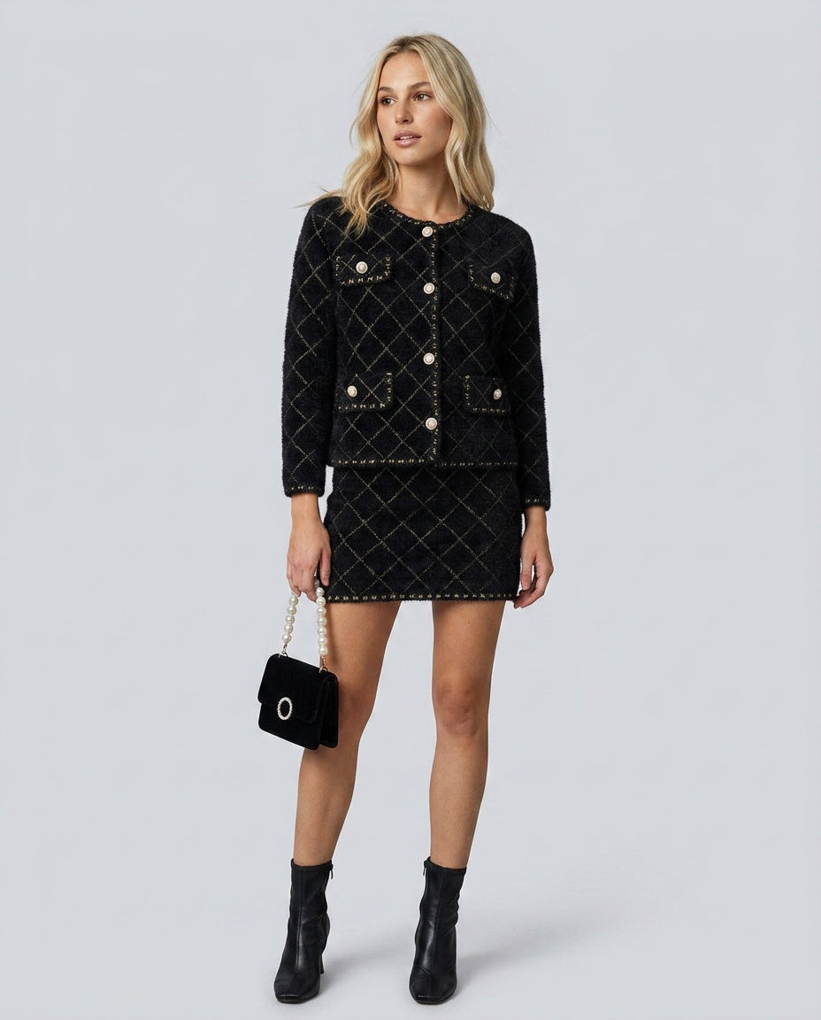 Freya | Women's Argyle Knit Cardigan and Mini Skirt Set