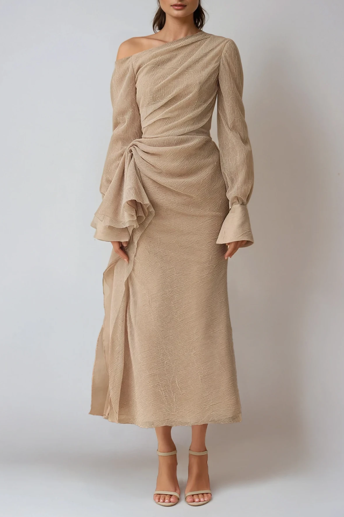 Draped One-Shoulder Long Sleeve Formal Maxi Dress