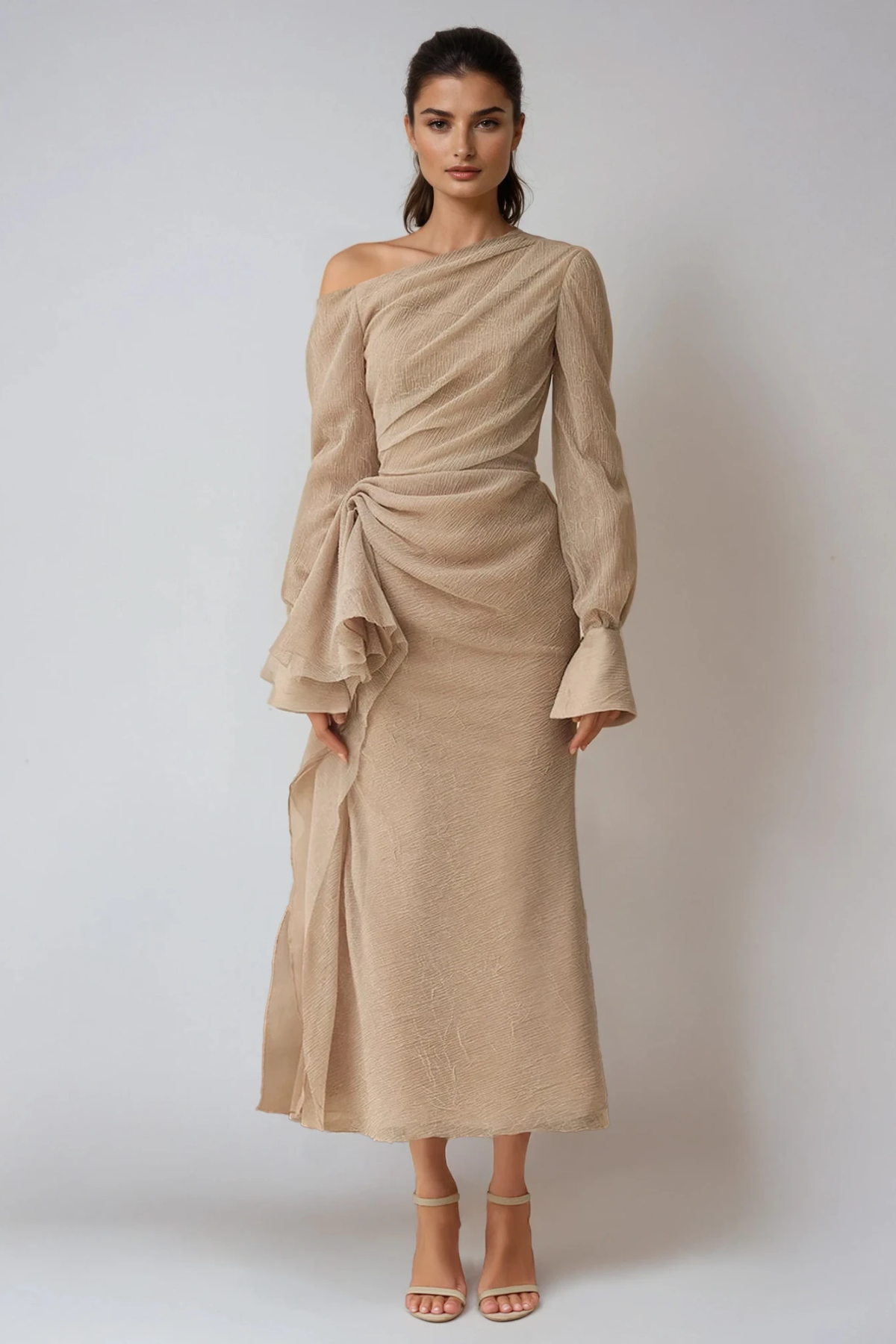 Draped One-Shoulder Long Sleeve Formal Maxi Dress