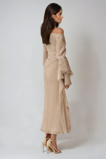 Draped One-Shoulder Long Sleeve Formal Maxi Dress