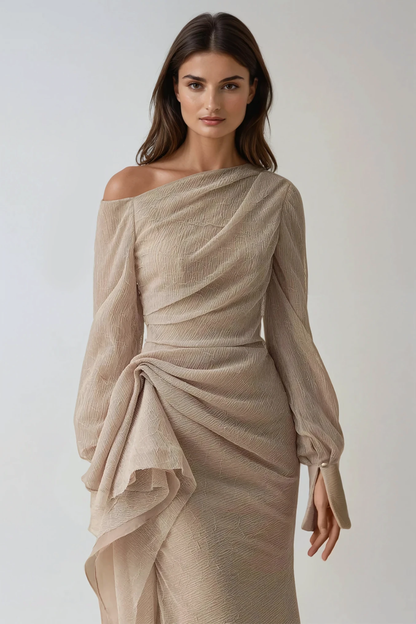 Draped One-Shoulder Long Sleeve Formal Maxi Dress