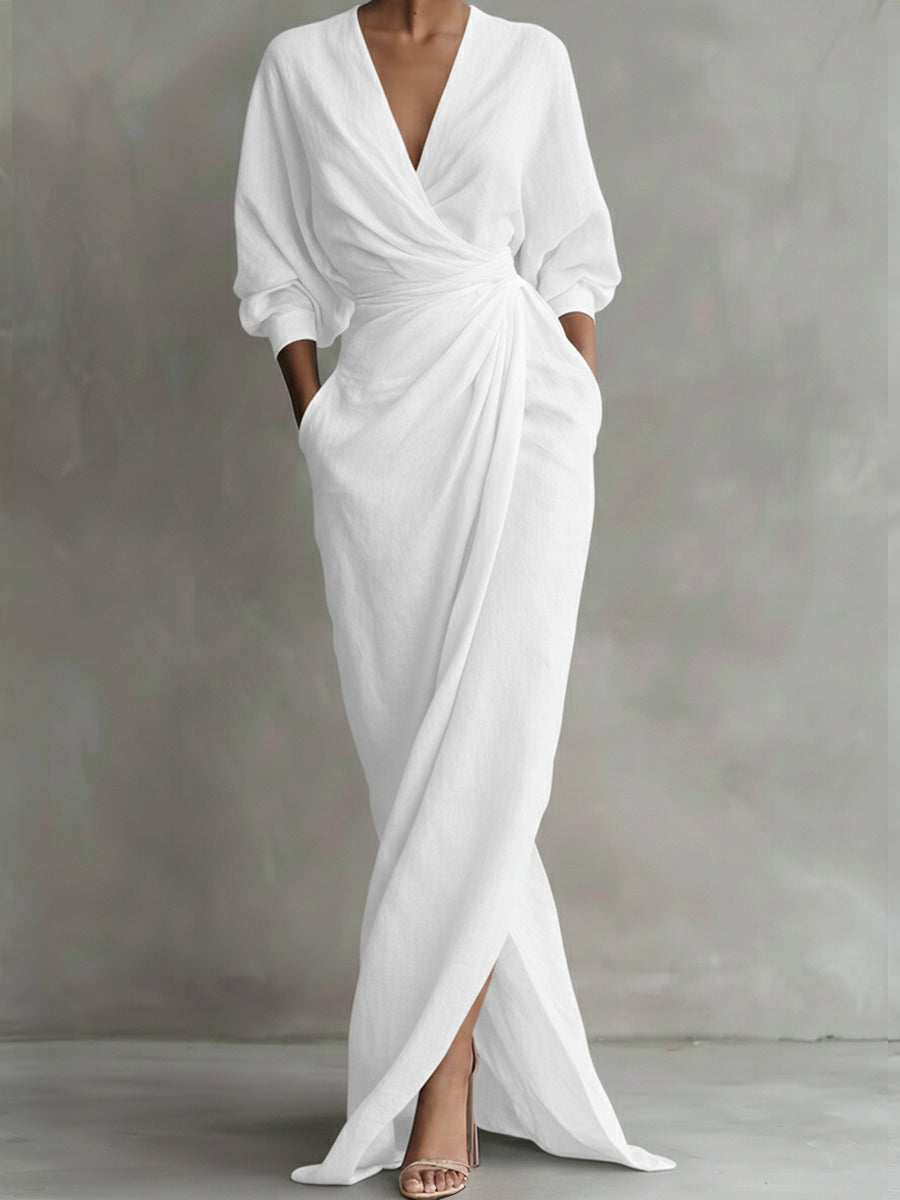 Una | Linen Wrap Drape Evening Maxi Dress