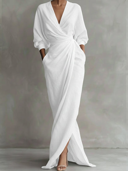 Una | Linen Wrap Drape Evening Maxi Dress