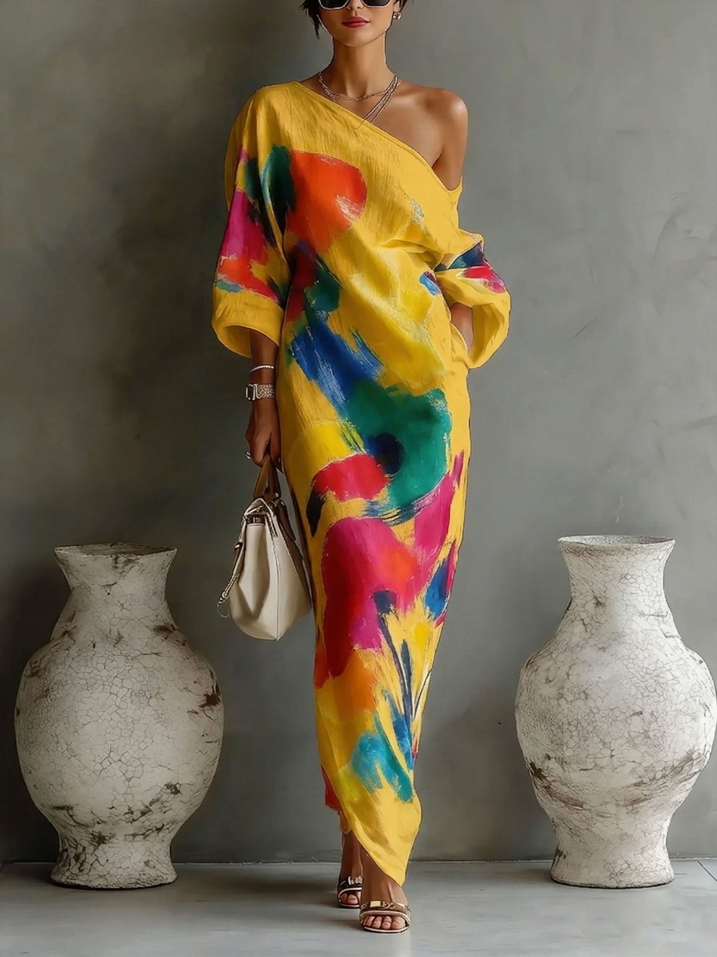 Quincy | One Shoulder Batwing Linen Maxi Dress