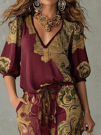 Rosalind | Bohemian Printed Linen Top and Pants Set