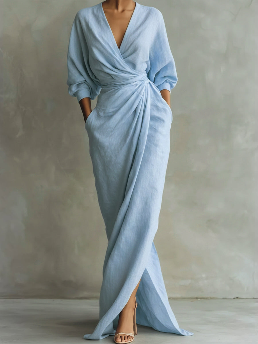 Una | Linen Wrap Drape Evening Maxi Dress
