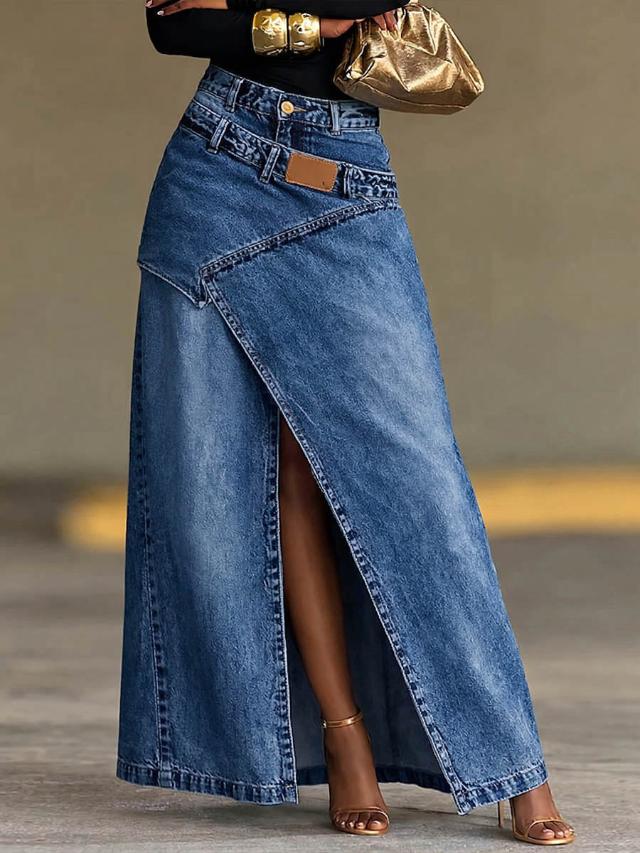 Greta | Denim High-Waist Asymmetrical Slit Skirt