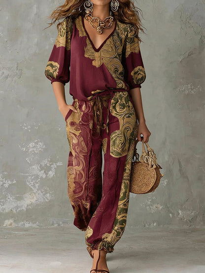 Rosalind | Bohemian Printed Linen Top and Pants Set