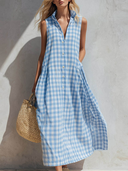Soraya | Linen Sleeveless Gingham Shirt Dress