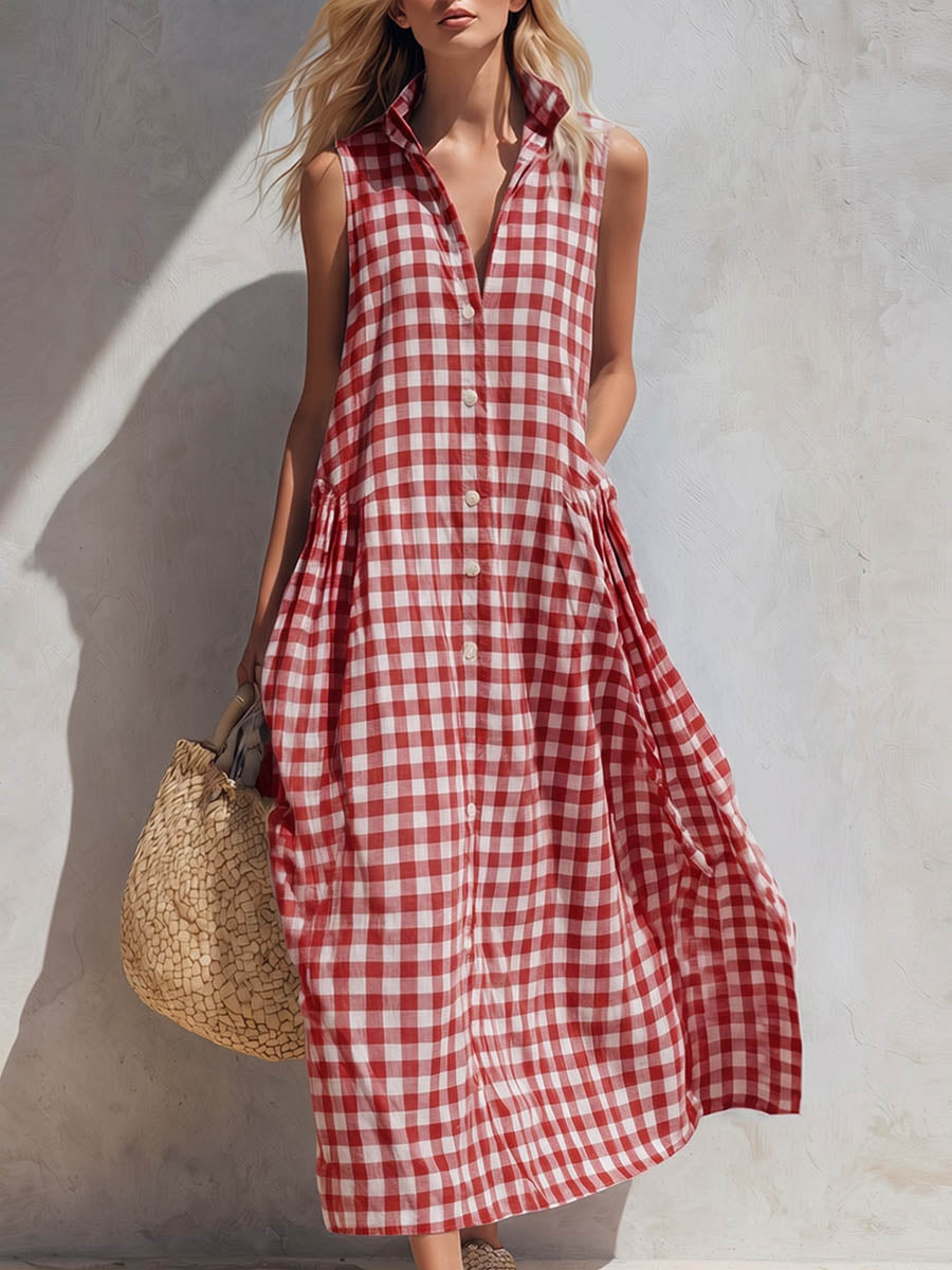 Soraya | Linen Sleeveless Gingham Shirt Dress