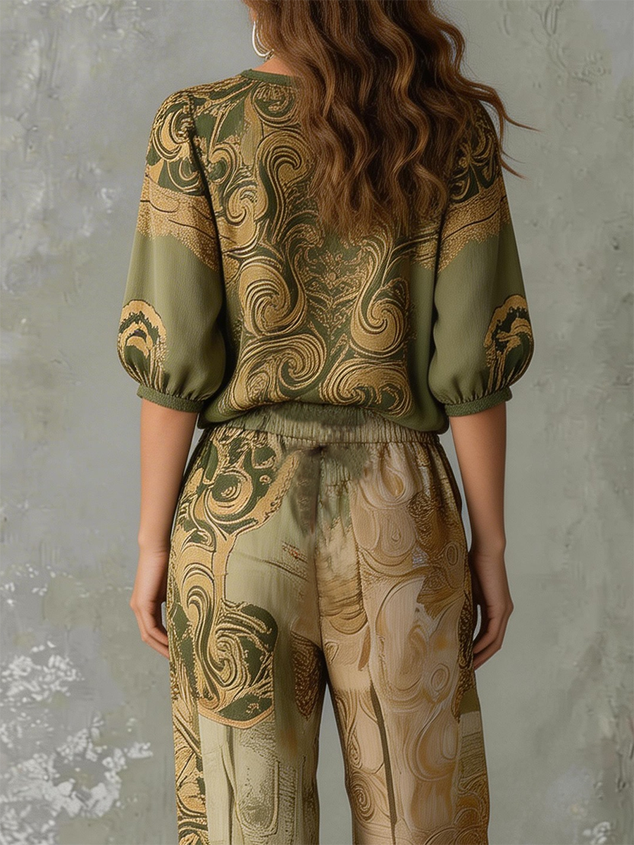 Rosalind | Bohemian Printed Linen Top and Pants Set