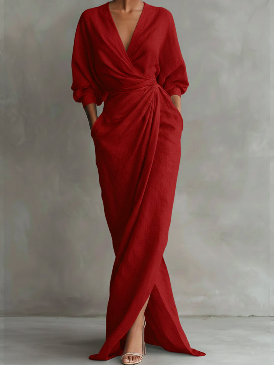 Una | Linen Wrap Drape Evening Maxi Dress