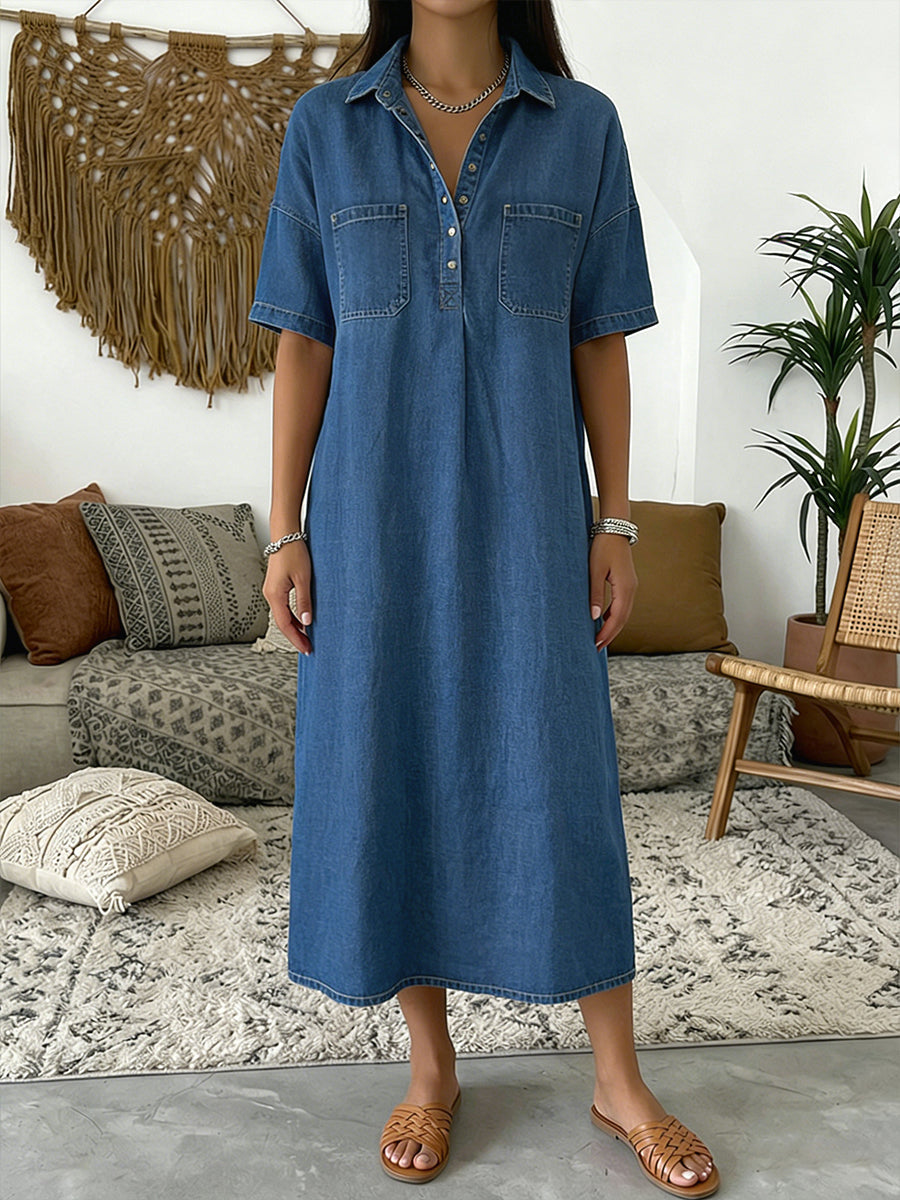 Florence | Denim Linen-Mix Midi Shirt Dress