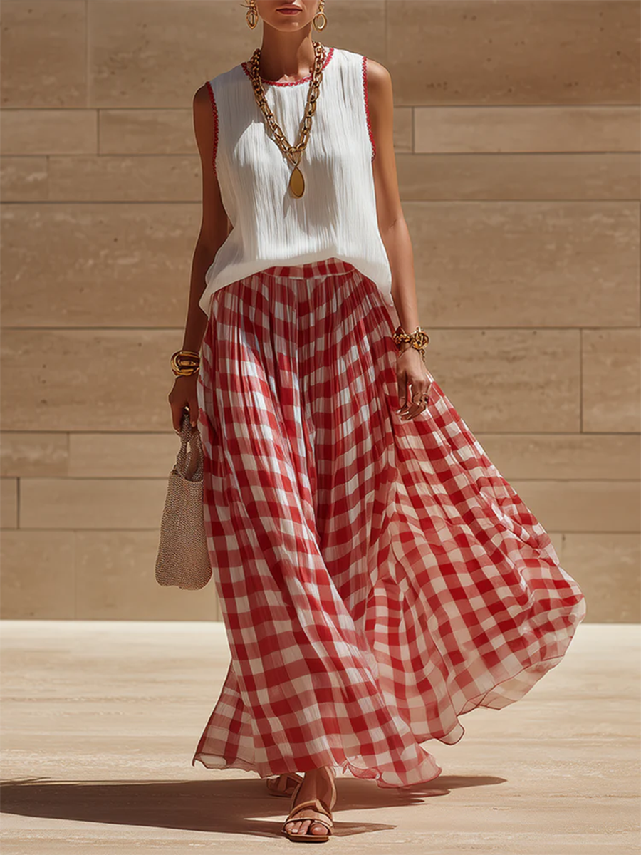 Ivy | Gingham Linen Top and Maxi Skirt Set