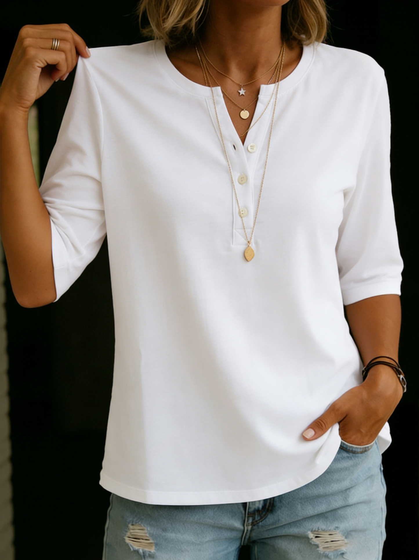 Birdie | Linen Henley 3/4 Sleeve Top
