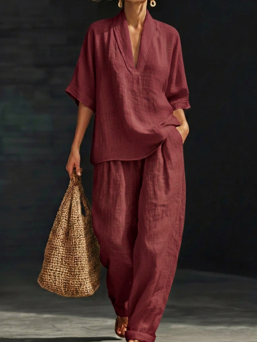 Sienna | Linen V-Neck Top and Wide Leg Trouser Set