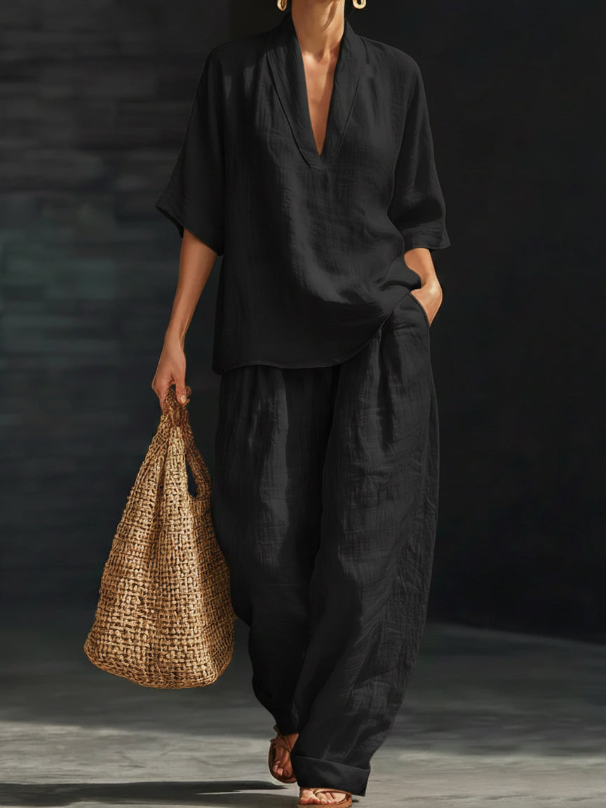Sienna | Linen V-Neck Top and Wide Leg Trouser Set