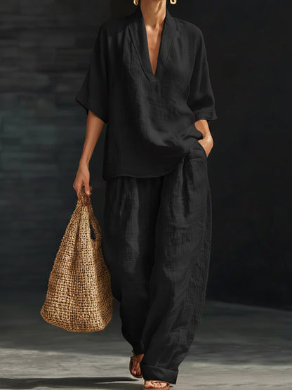Sienna | Linen V-Neck Top and Wide Leg Trouser Set