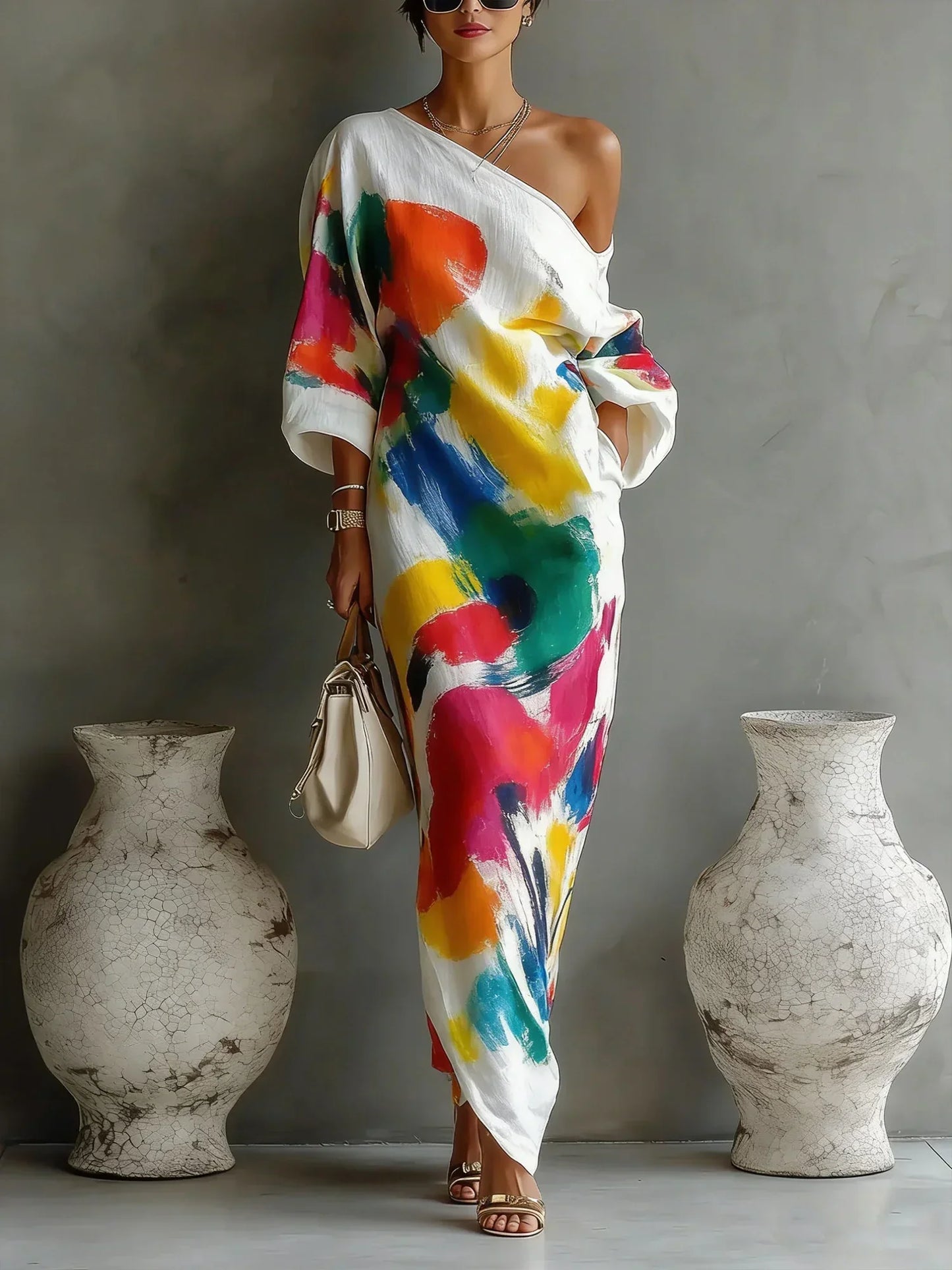 Quincy | One Shoulder Batwing Linen Maxi Dress