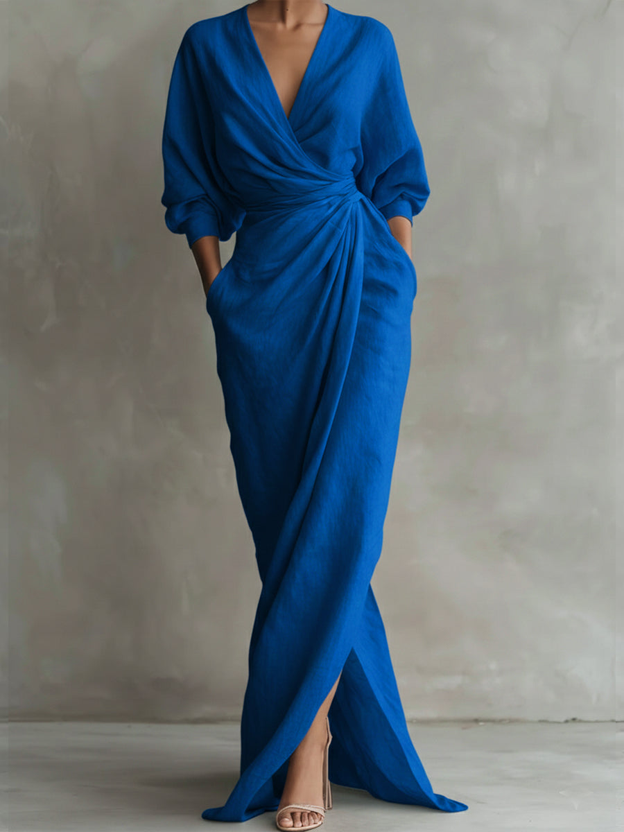 Una | Linen Wrap Drape Evening Maxi Dress