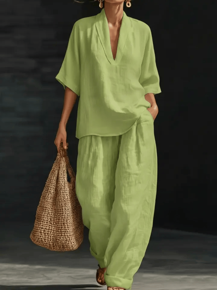 Sienna | Linen V-Neck Top and Wide Leg Trouser Set