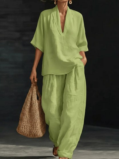 Sienna | Linen V-Neck Top and Wide Leg Trouser Set
