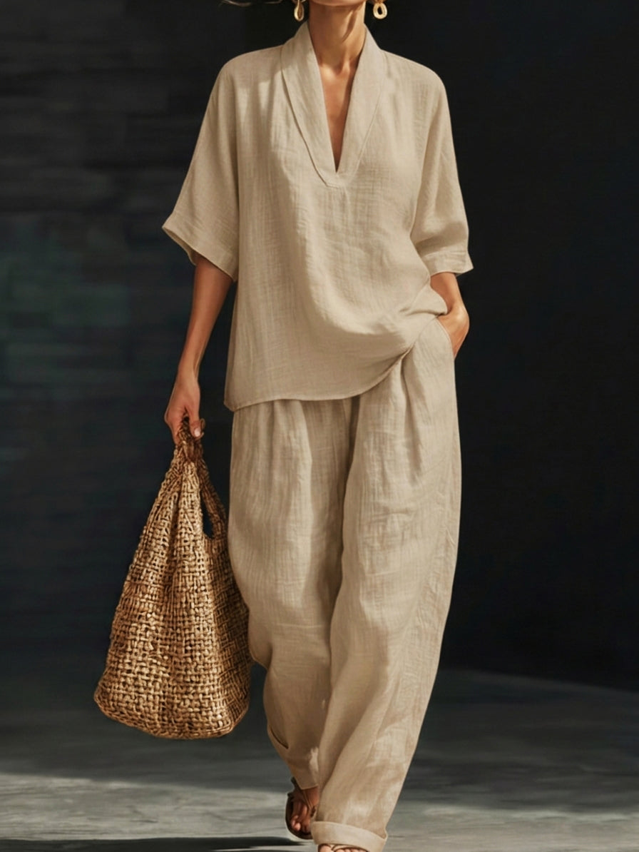 Sienna | Linen V-Neck Top and Wide Leg Trouser Set