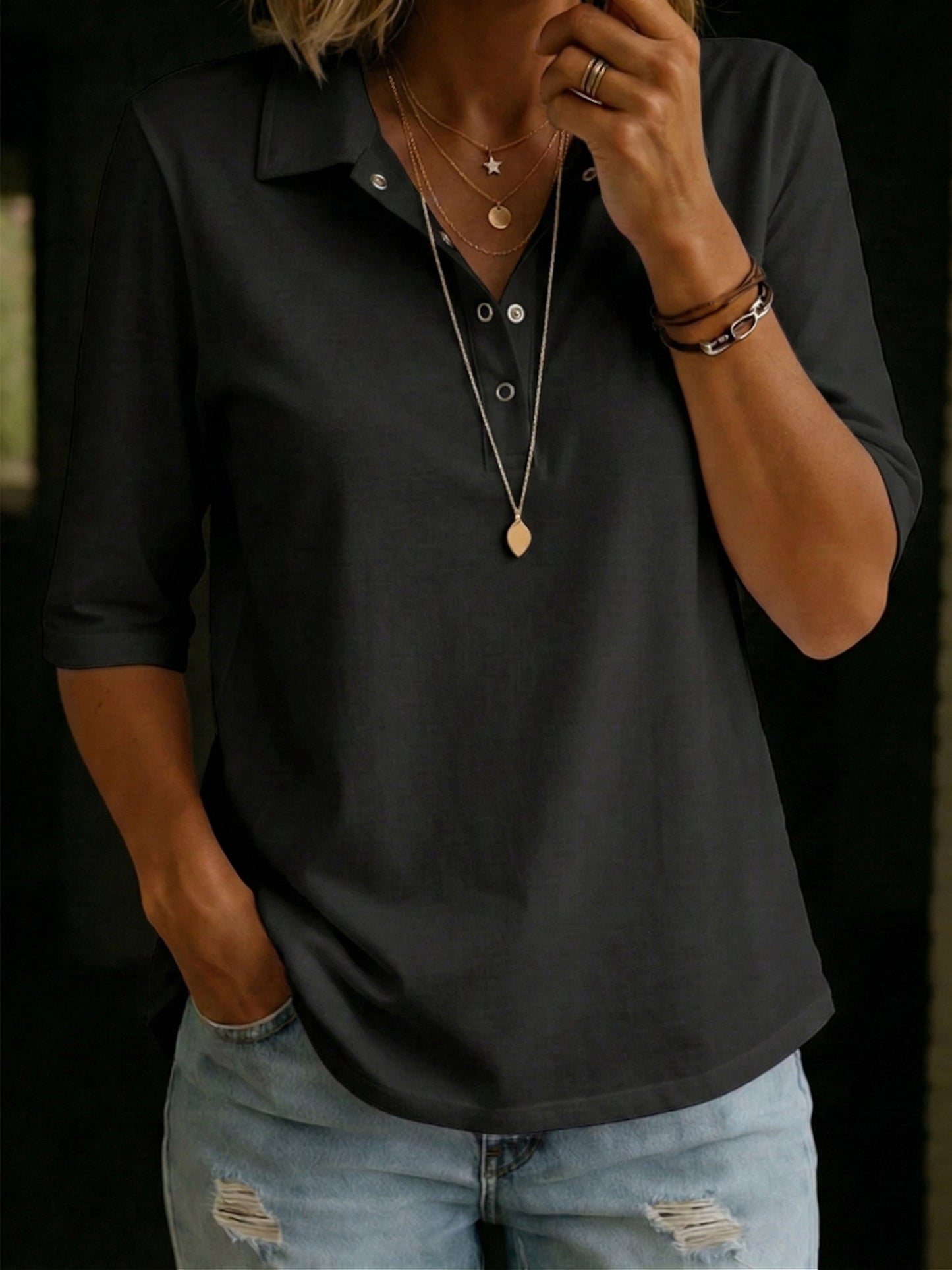 Harlow | Knit Polo V-Neck Button Top
