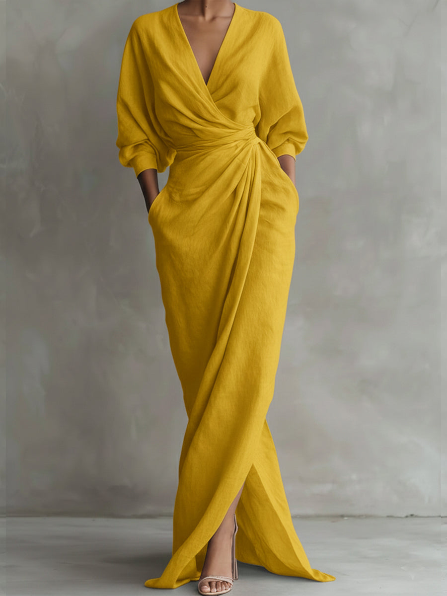 Una | Linen Wrap Drape Evening Maxi Dress