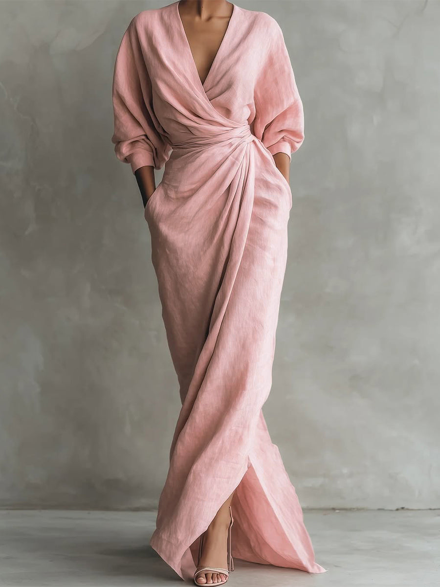 Una | Linen Wrap Drape Evening Maxi Dress