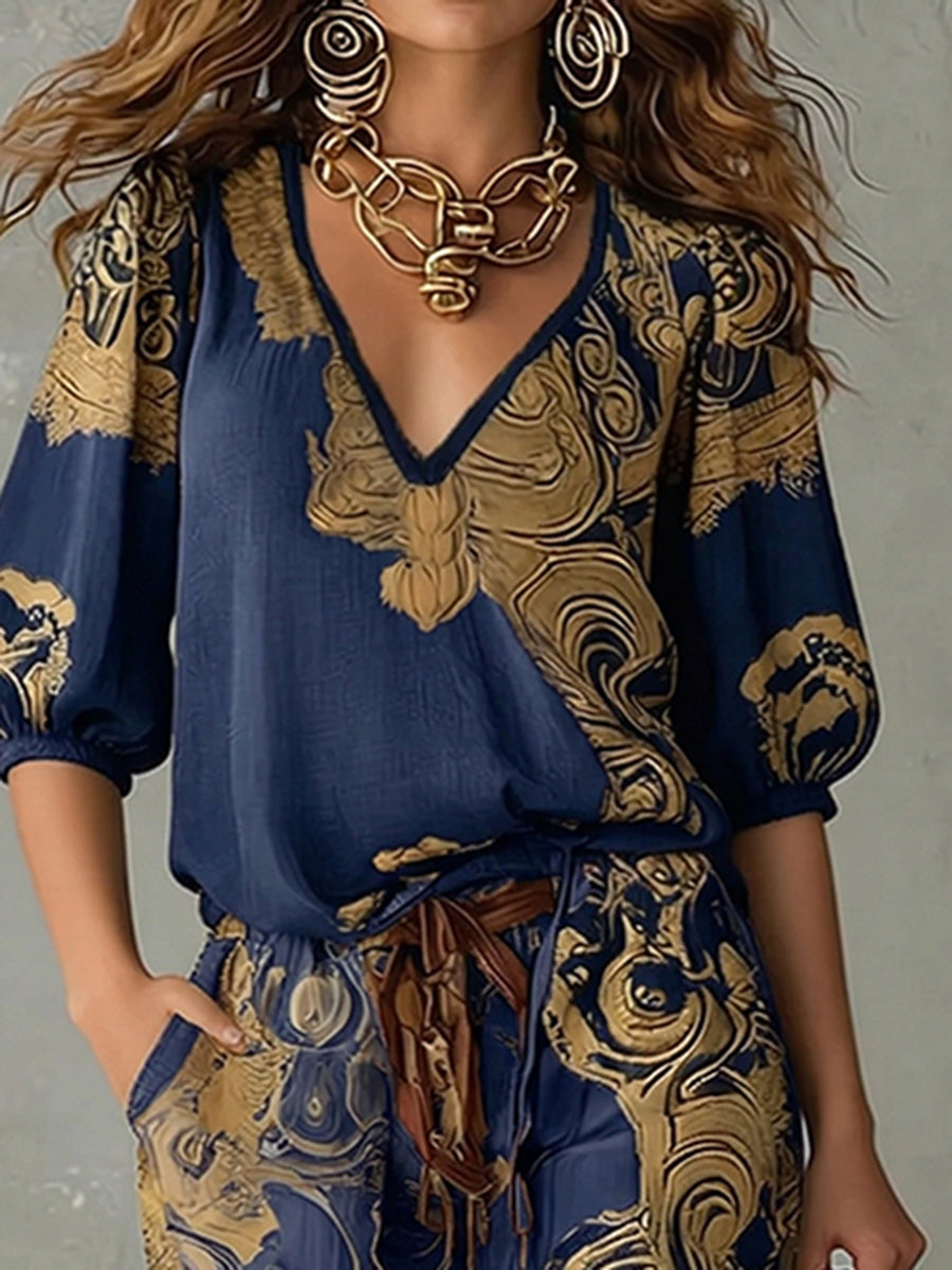 Rosalind | Bohemian Printed Linen Top and Pants Set