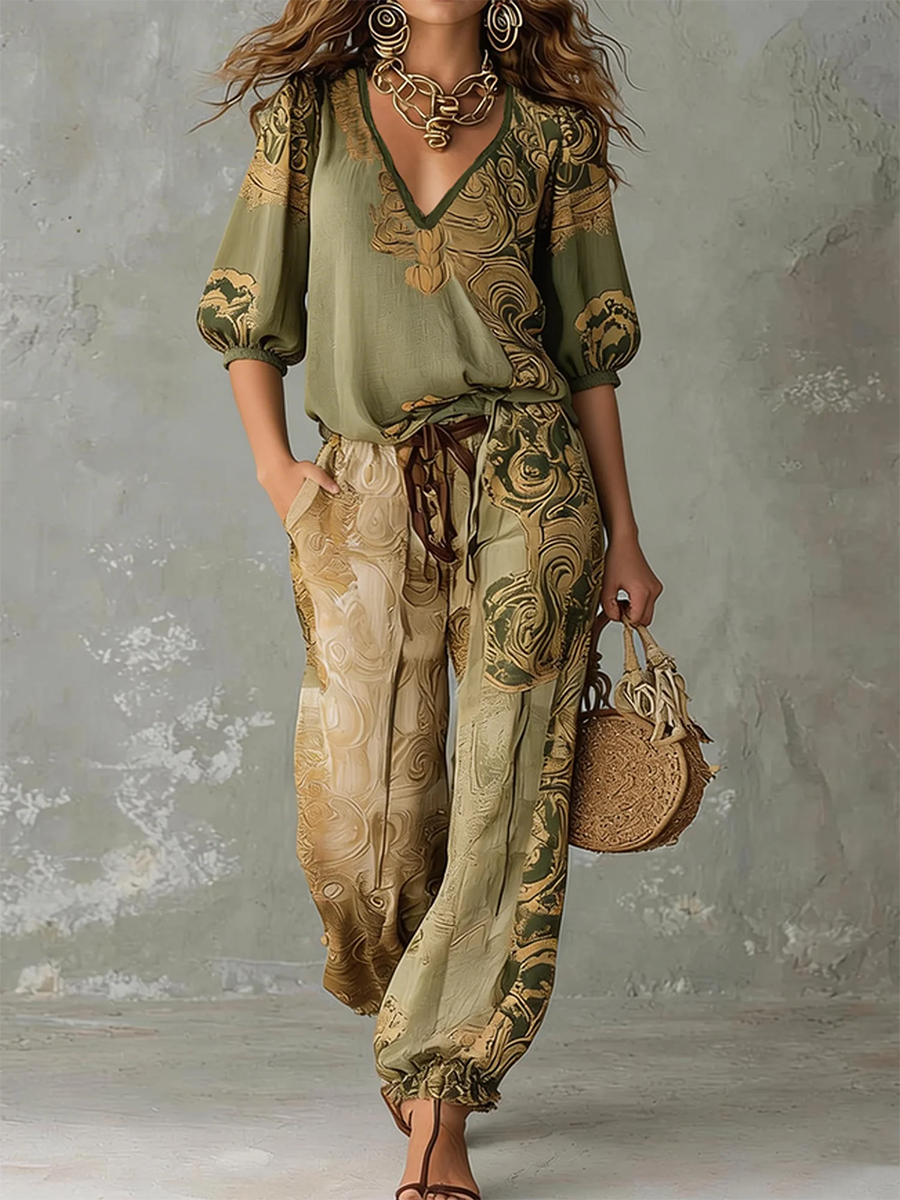 Rosalind | Bohemian Printed Linen Top and Pants Set