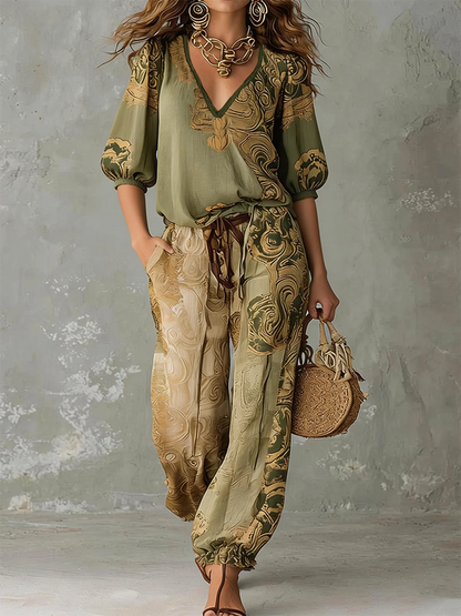 Rosalind | Bohemian Printed Linen Top and Pants Set